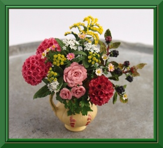 CDHM Artisan Jeannette Buchholz creates 1:12 and 1:6 scale flowers, in vase, for the dolls house