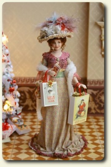 CDHM artisan Elisa Fenoglio, 1900's miniature porcelain doll dressed for Christmas in 1/12 scale