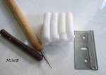 Tools and supplies used to sculpt dollhouse miniature potatoes in 1/12 scale
