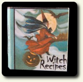 CDHM artisan Pat Carlson creating under the business name of Pat Carlson Miniature creates dollhouse miniature books for the witch or wizard setting in 1:6 and 1:12 scales such as this witch's recipes for the dollshouse