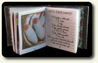 CDHM artisan Pat Carlson creating under the business name of Pat Carlson Miniature creates dollhouse miniature books for the witch or wizard setting in 1:6 and 1:12 scales such as this witch's recipes for the dollshouse