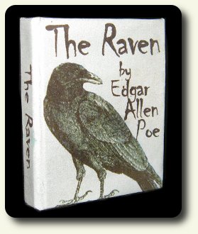 CDHM artisan Pat Carlson creating under the business name of Pat Carlson Miniature created dollhouse miniature book of Edgar Allan Poe's the raven in 1:6 and 1:12 scales