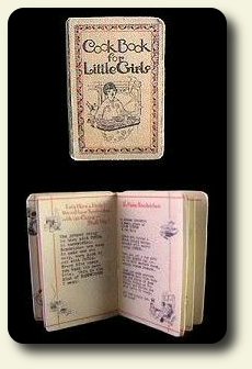 CDHM artisan Pat Carlson creating under the business name of Pat Carlson Miniature creates dollhouse miniature books in 1:6 and 1:12 scales such as this cookbook for girls for the dollshouse